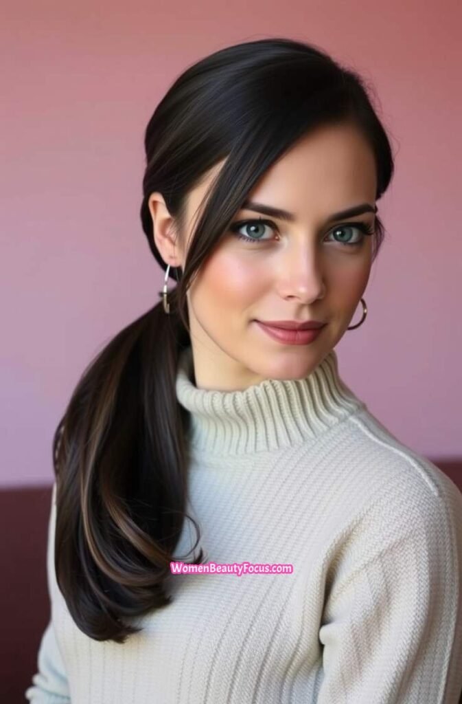 1. Sleek Low Ponytail with a Side Part Front View