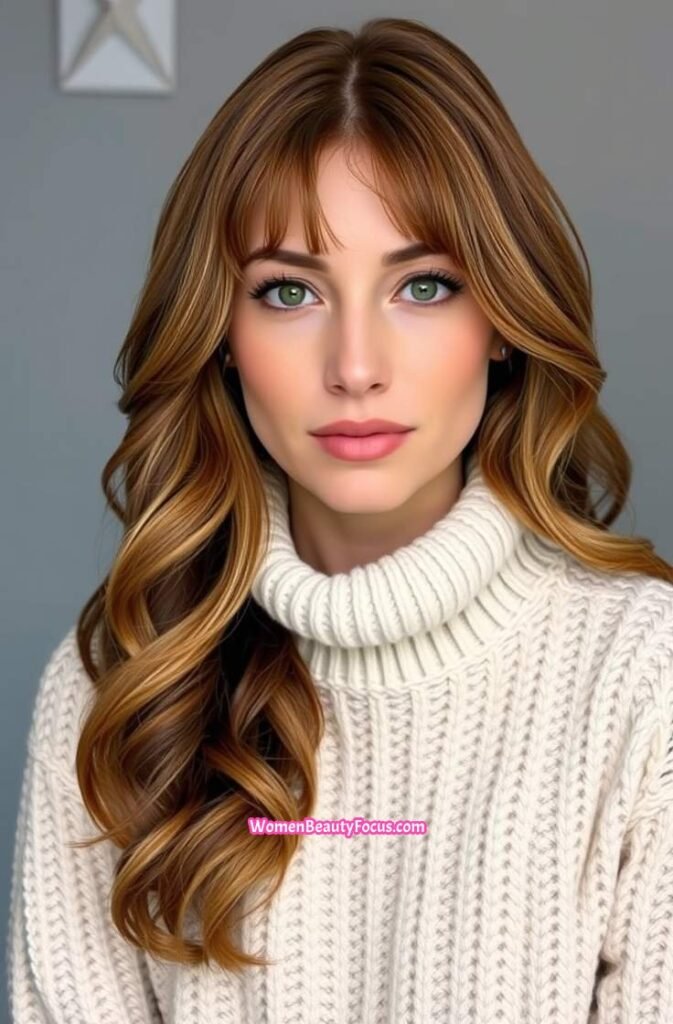 1. Soft Cinnamon Waves with Curtain Bangs Front View