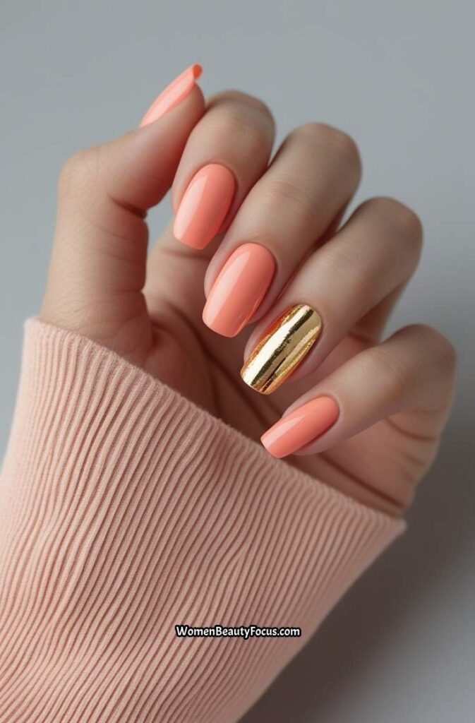 1. Soft Coral Short Nails with Subtle Gold Accents
