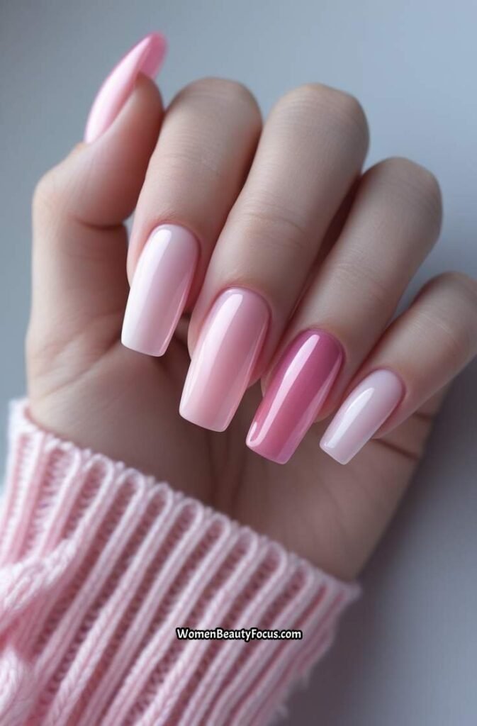 1. Soft Pink Ombre Nails with a Shimmering Topcoat