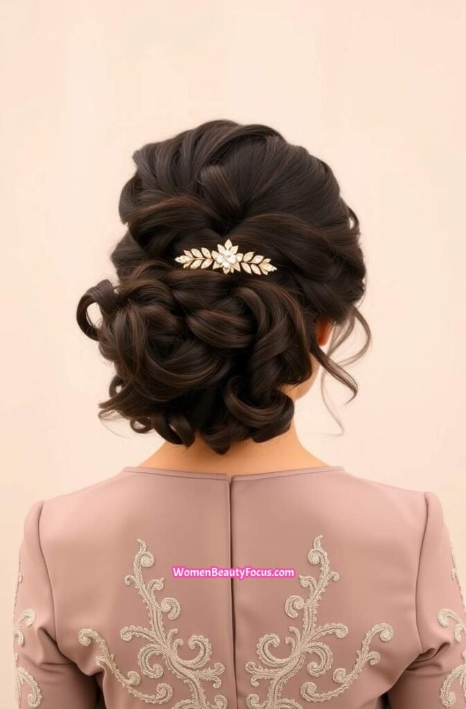 10. Braided Curly Bun with Gold Hairpiece Back View