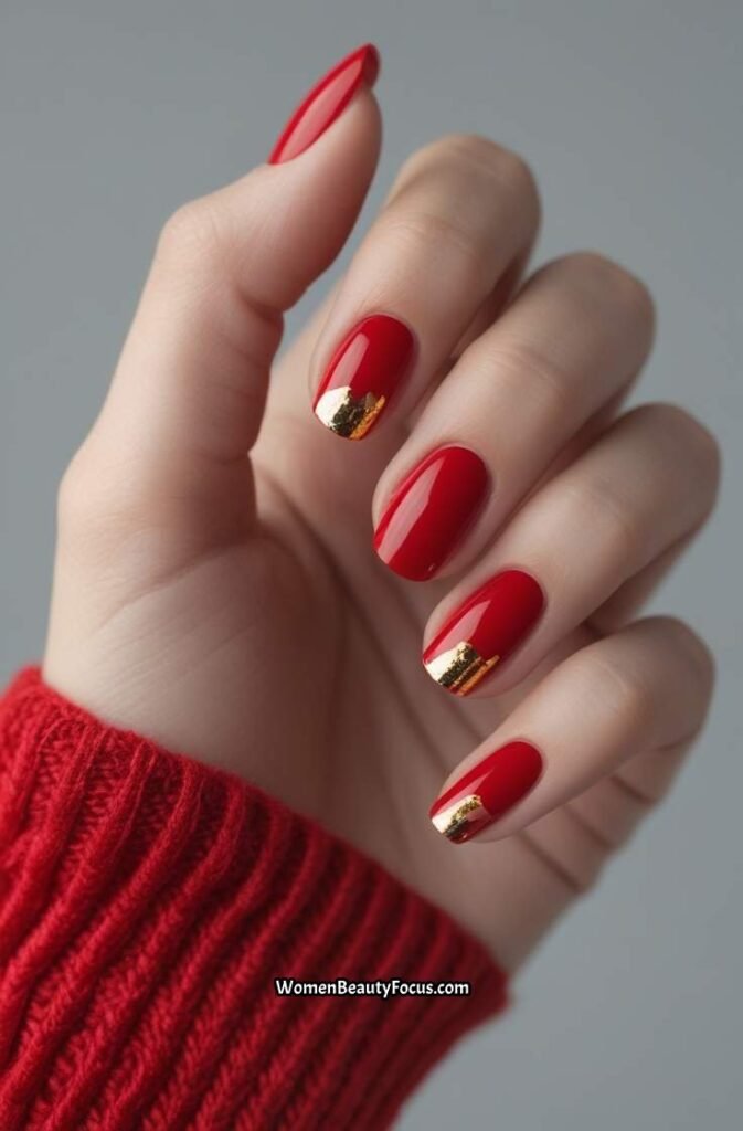 10. Classic Red Short Nails with Minimalist Gold Foil