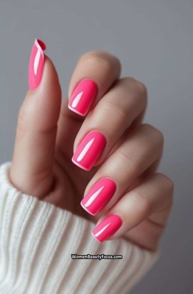 10. Glossy Watermelon Pink Square Nails