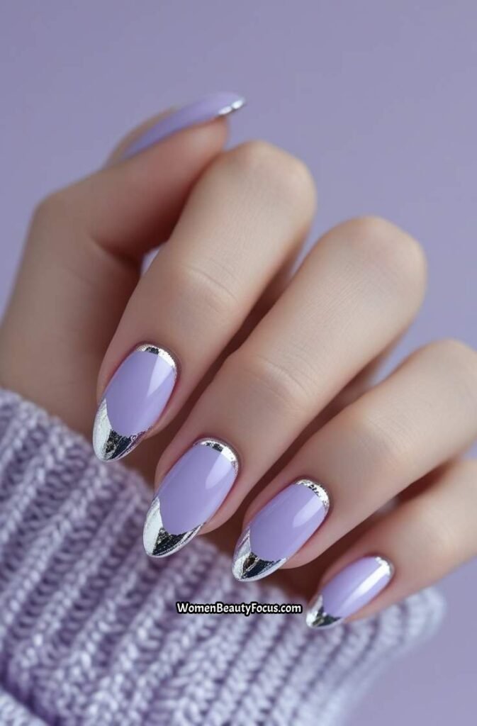 10. Light Lavender Almond Nails with Silver Foil