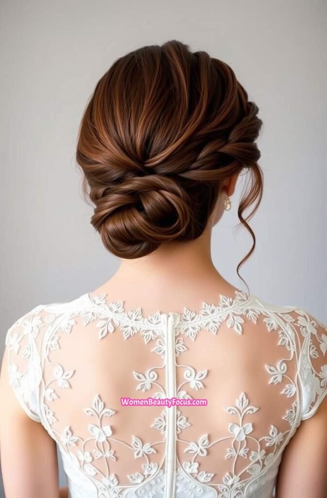 10. Low Twisted Bun with Side Braids Back View