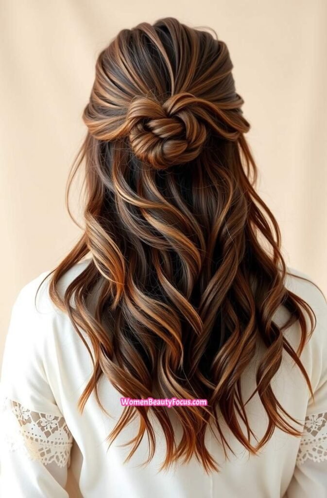 10. Messy Half Up Bun with Natural Texture Back View