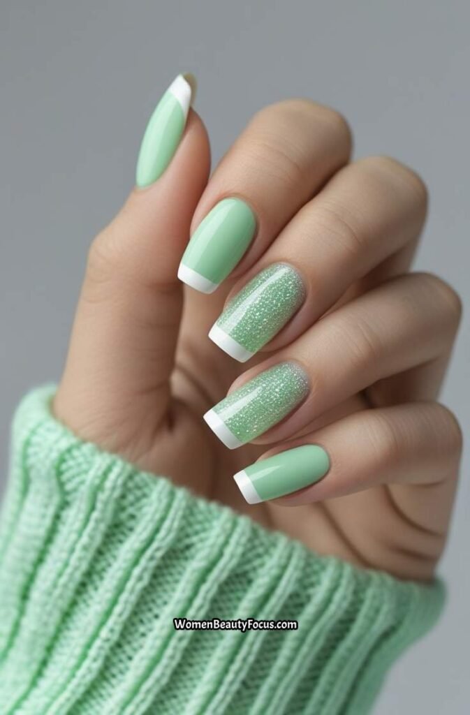 10. Mint Green French Tip Nails with Subtle Glitter