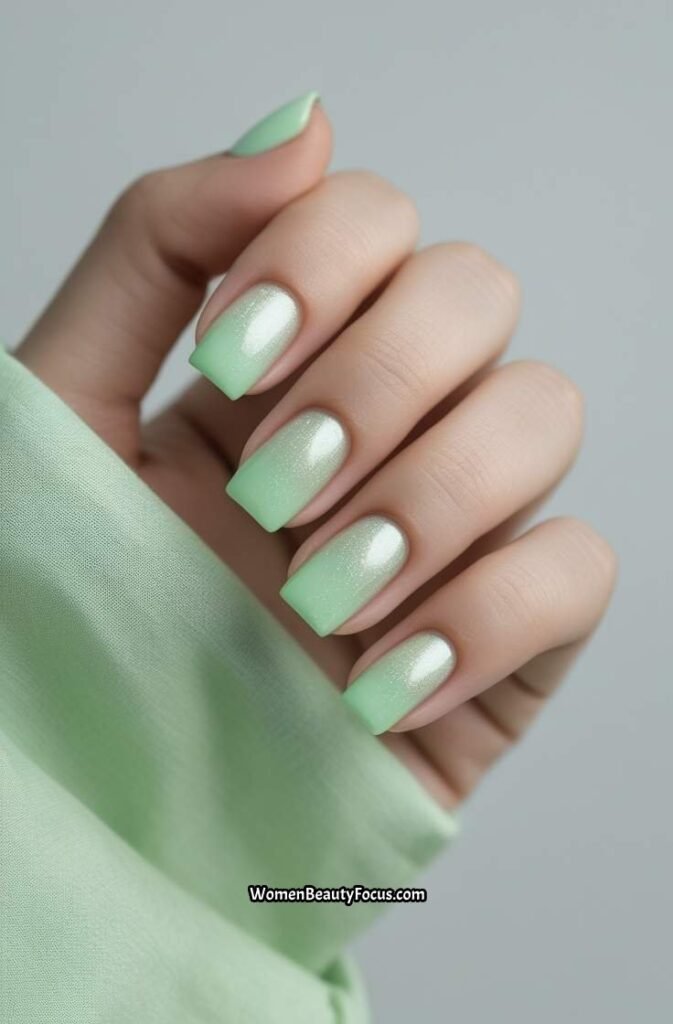 10. Mint Green Square Nails with Shimmer Topcoat