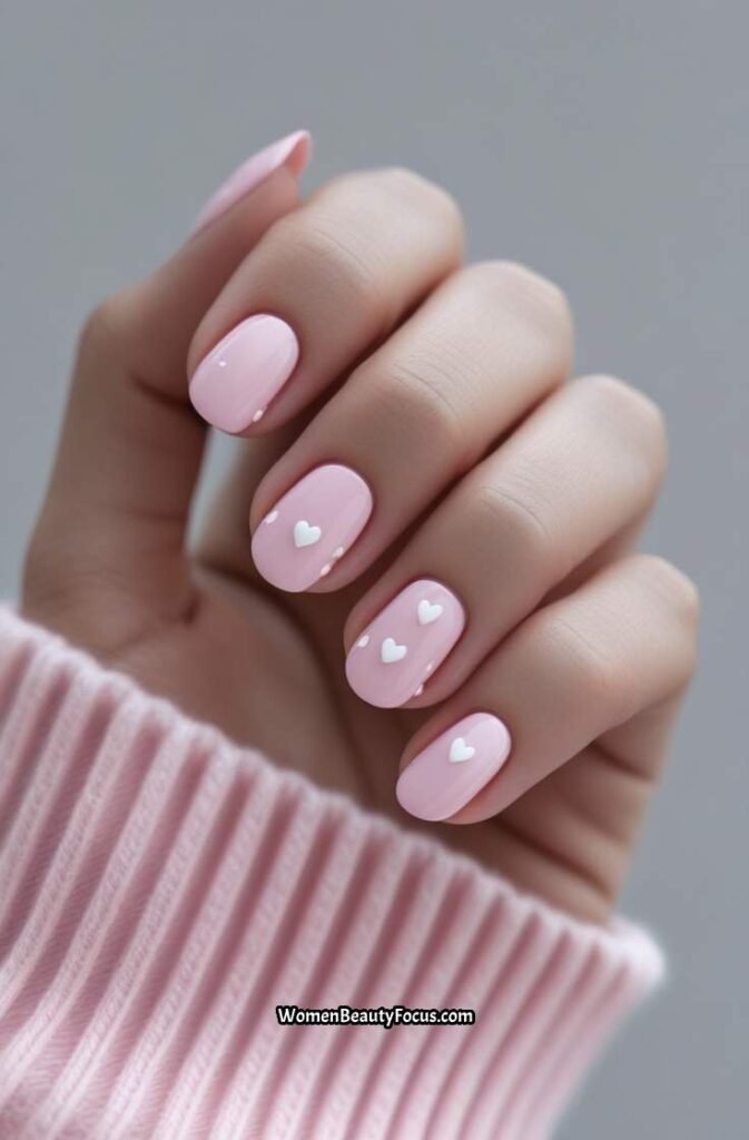 10. Pink Pastel Nails with Tiny Hearts
