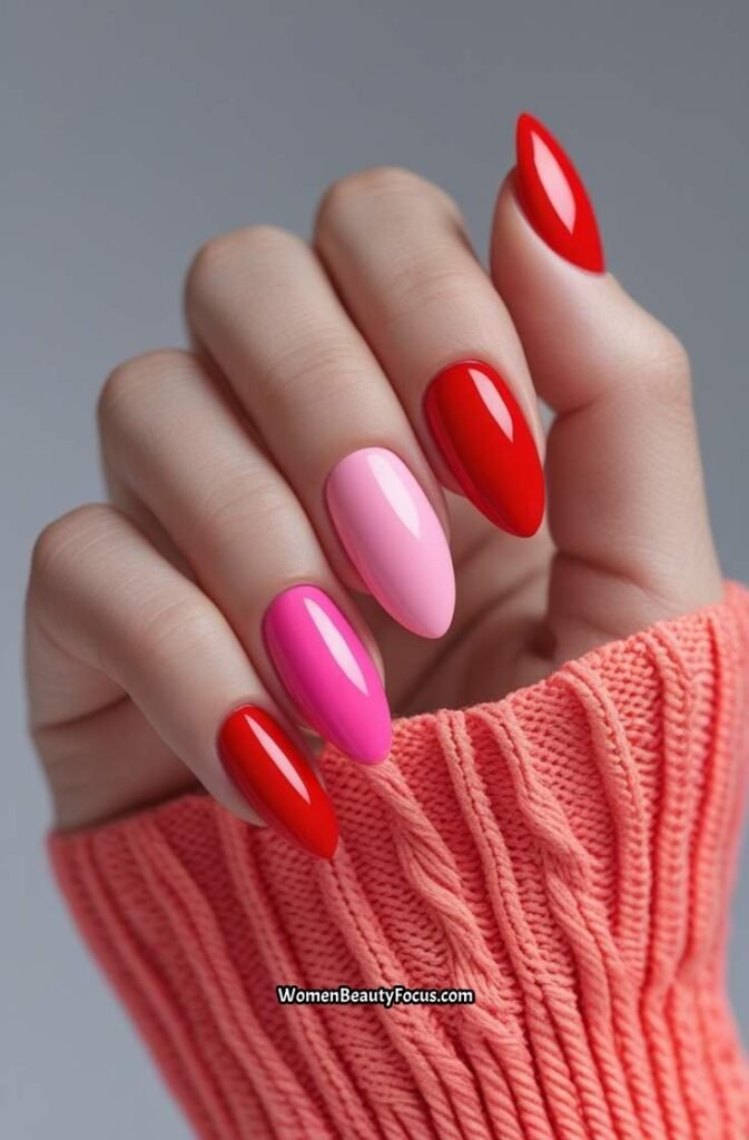 10. Red and Pink Color Block Nails