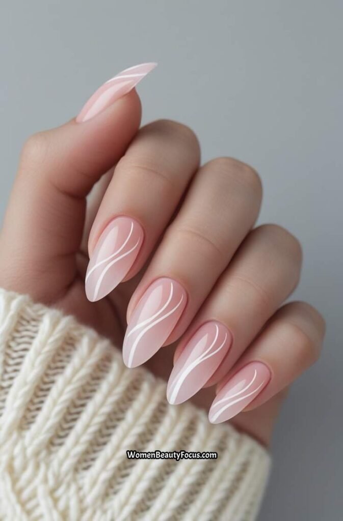 10. Sheer Pink Nails with Fine White Swirls