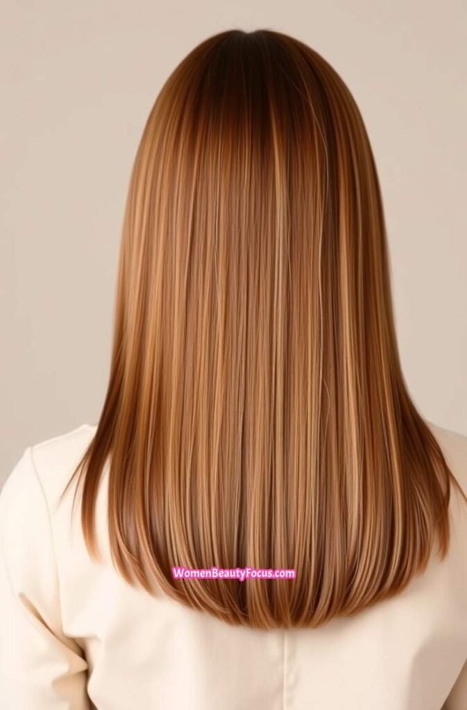 10. Sleek Cinnamon Straight Hair with Middle Part Back View