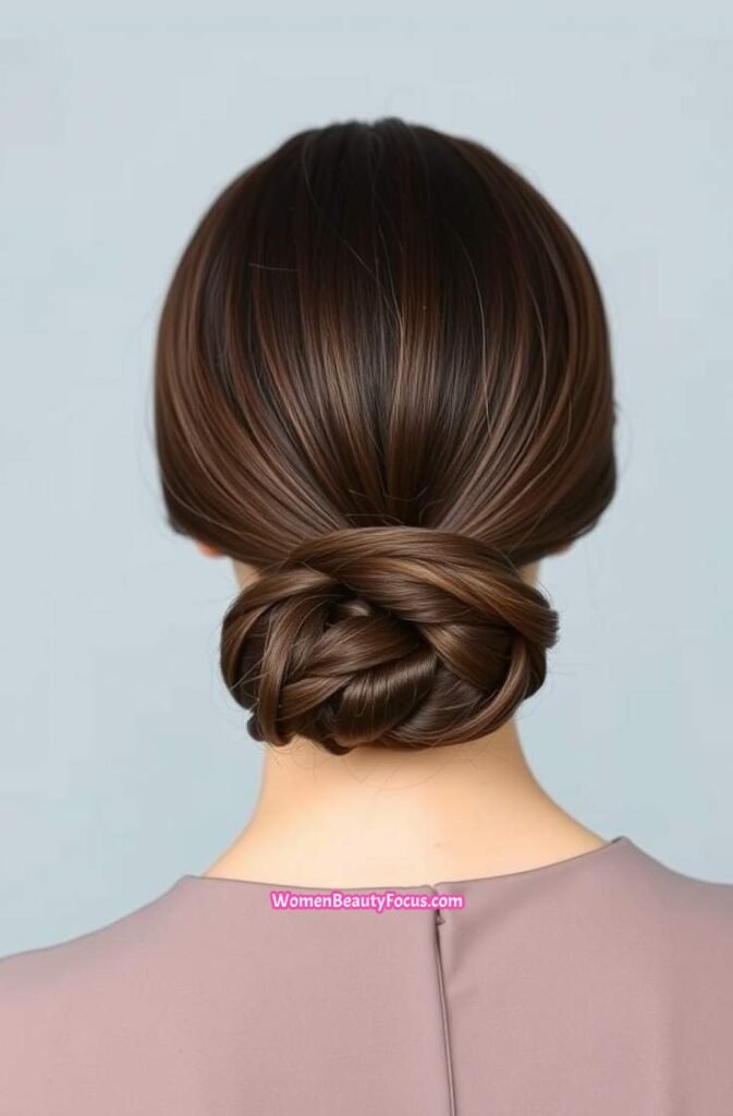 10. Sleek Low Bun with Sharp Part Back View