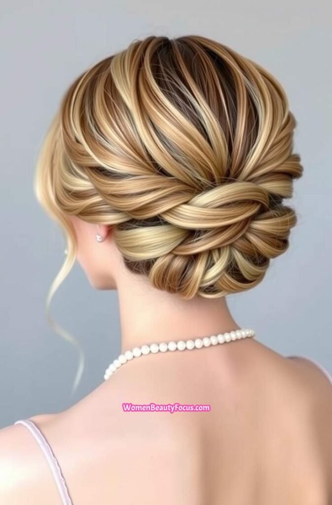 10. Textured Low Chignon with Soft Tendrils Back View