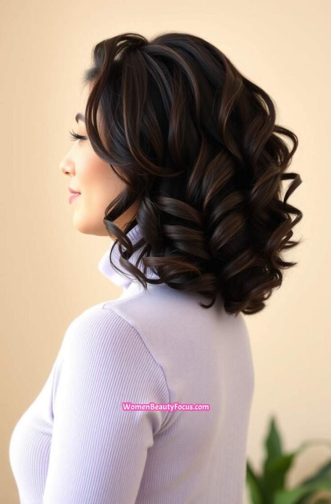 10. Voluminous Wet Curls with Tapered Neckline Side View