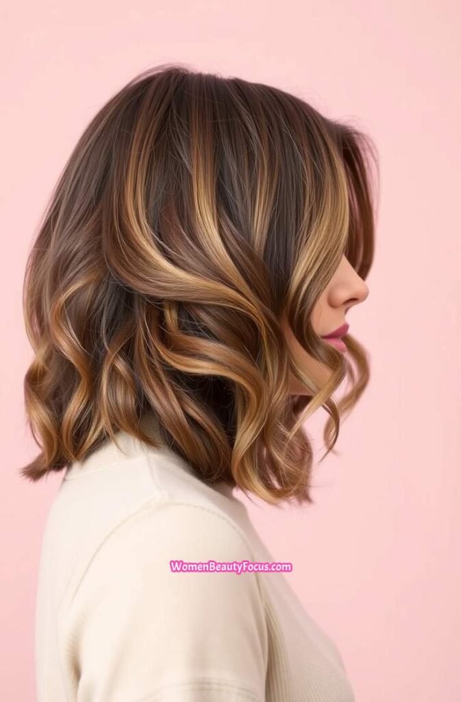 10. Wavy Mid Length Hair with Side Part Side View