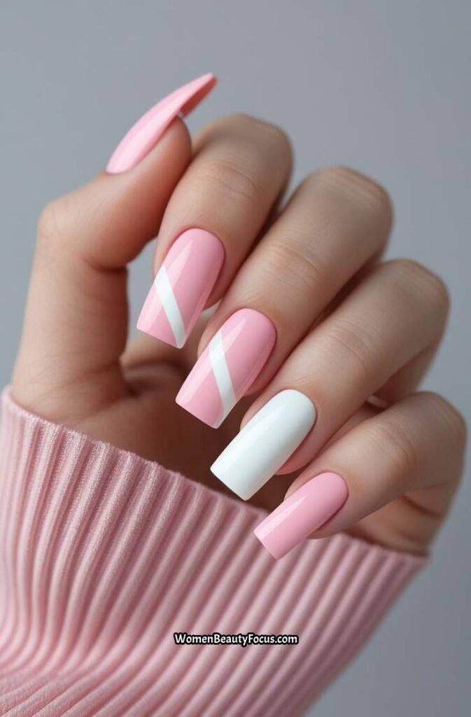 10. White and Pink Color Block Nails