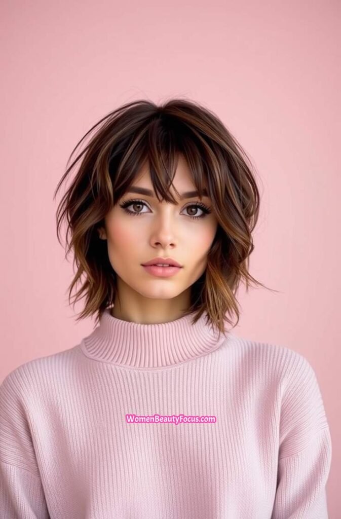 11. Choppy Medium Length Cut with Curtain Bangs Front View
