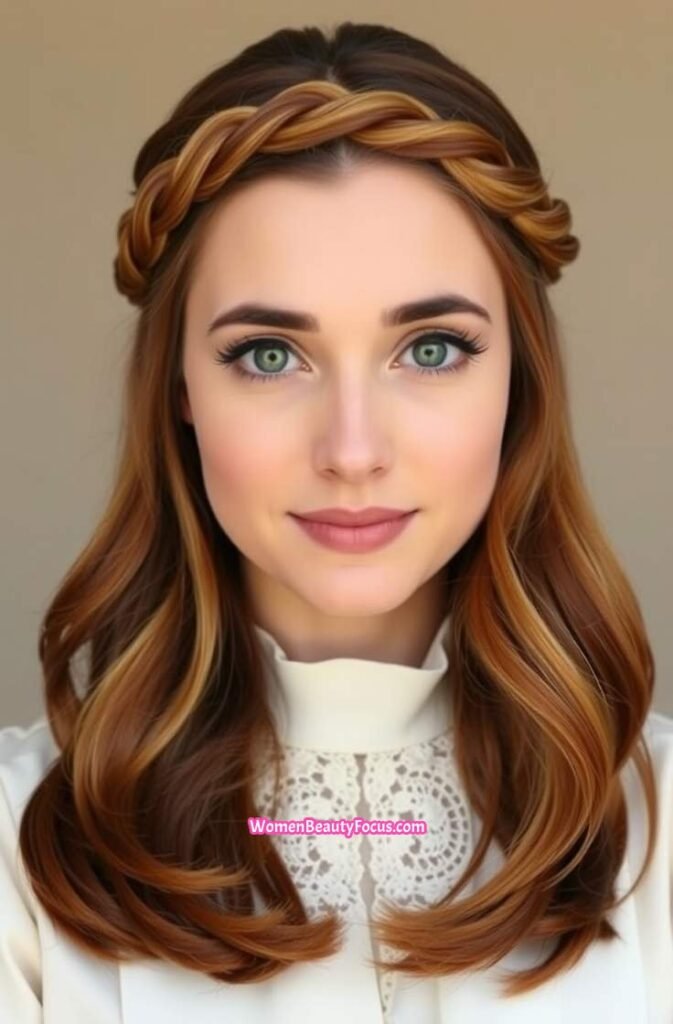 11. Cinnamon Balayage in Braided Crown Front View