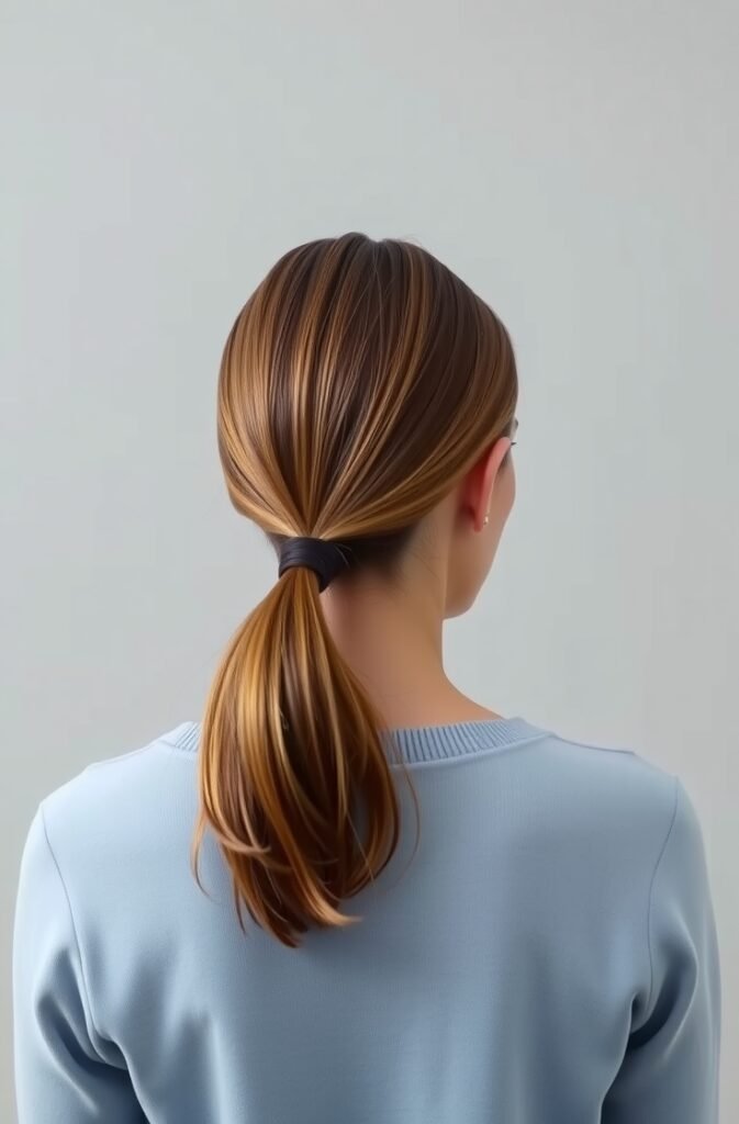 11. Low Sleek Ponytail with Flat Ironed Ends Front View