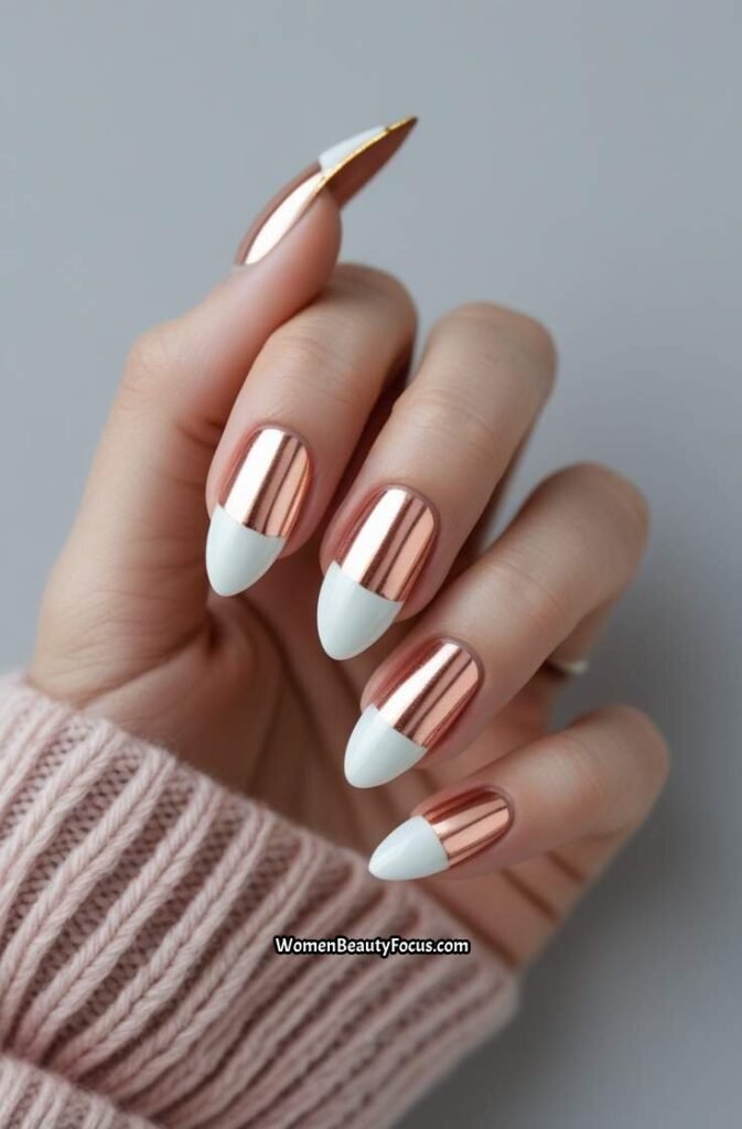 11. Metallic French Tips with Rose Gold Accents