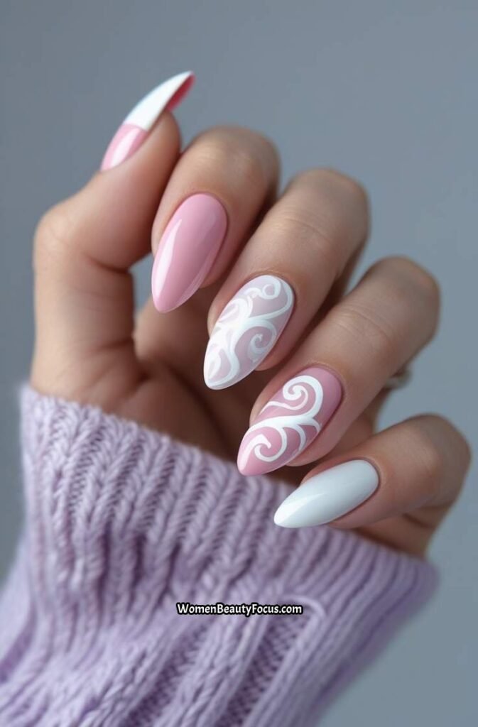 11. Pink and White Swirl Nails