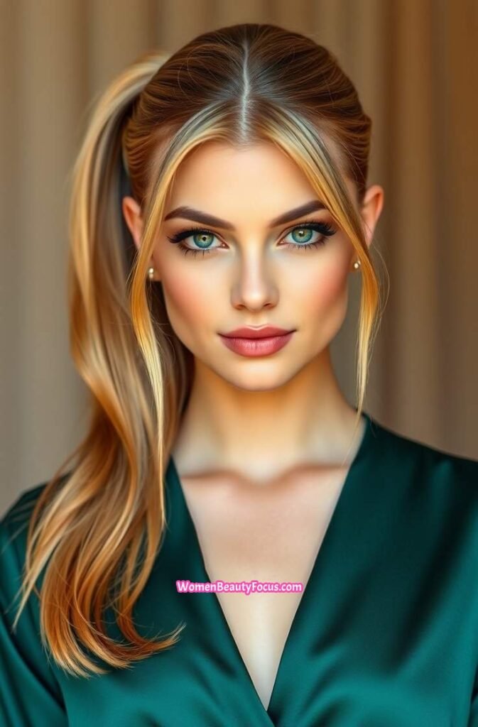 11. Polished Ponytail with Curtain Bangs Front View
