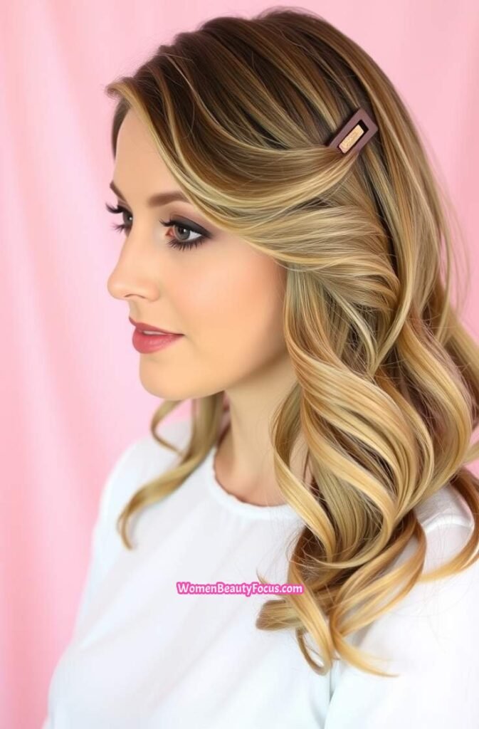 11. Side Swept Claw Clip with Loose Waves Front View