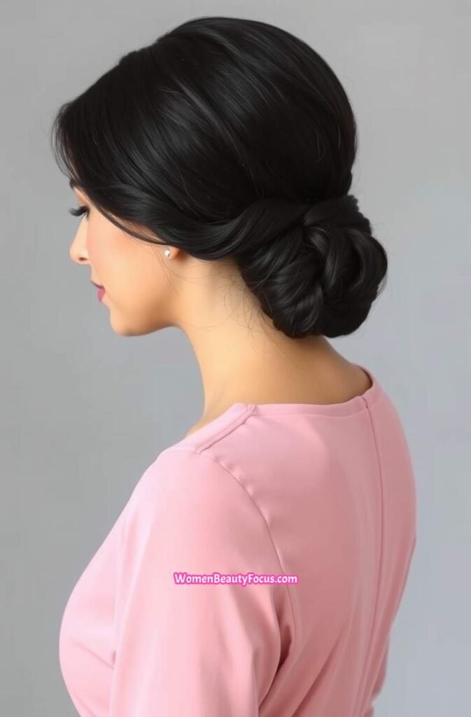 11. Sleek Low Bun with Subtle Waves Front View