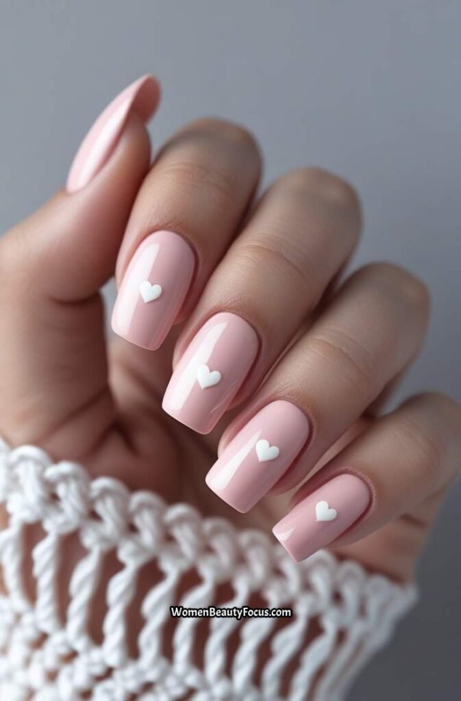 11. Soft Pink Square Nails with Tiny White Hearts