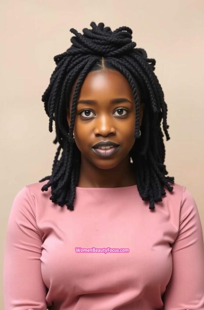 11. Thick Locs in a Half Up Style FrontStraight View