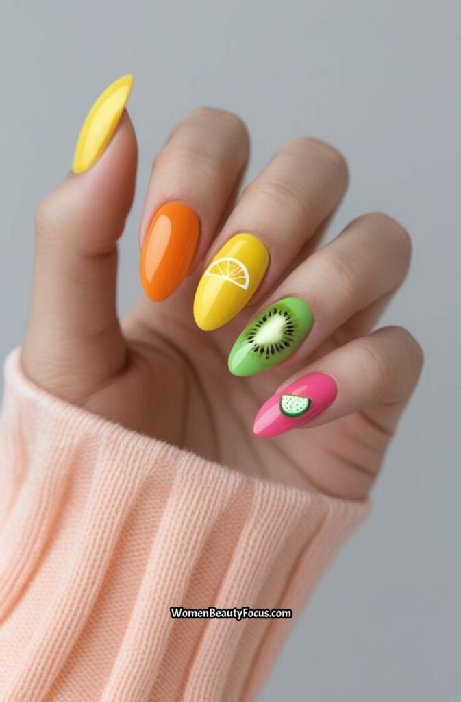 11. Tropical Fruit Inspired Mismatched Nails
