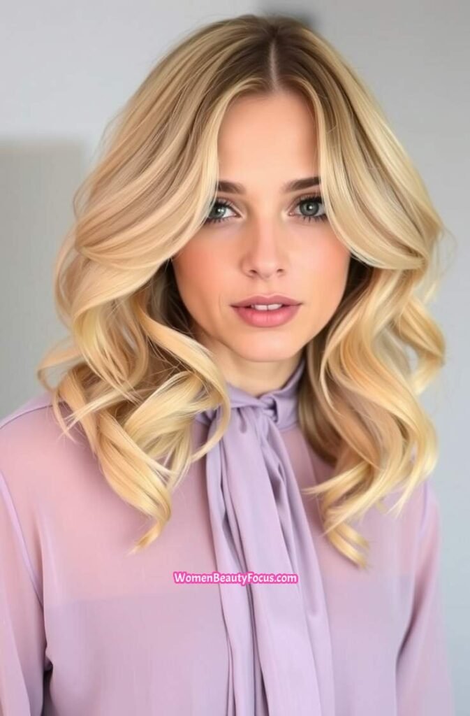 11. Voluminous Layered Lob with Soft Curls Front View