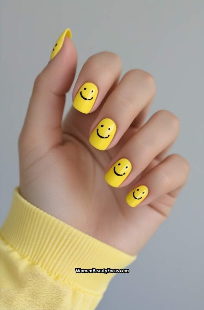 11. Yellow Sunshine Nails with Smiley Accents