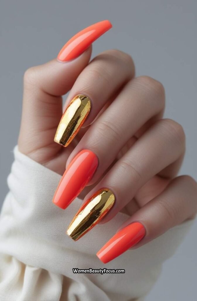 12. Bright Coral and Gold Foil Acrylic Nails