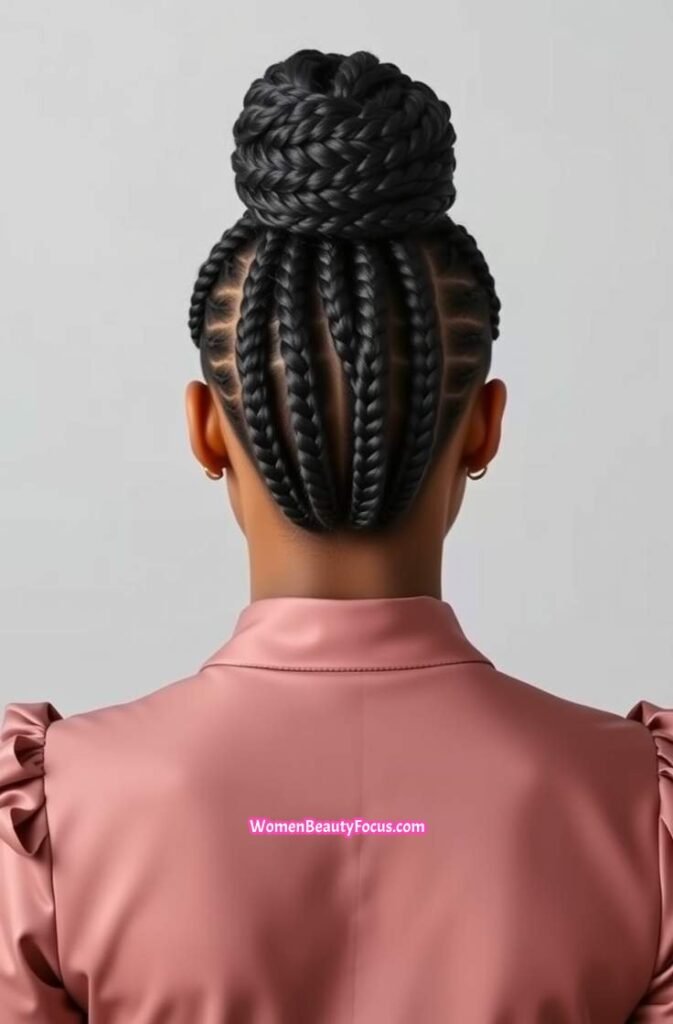 12. Cornrows into a High Bun Back View