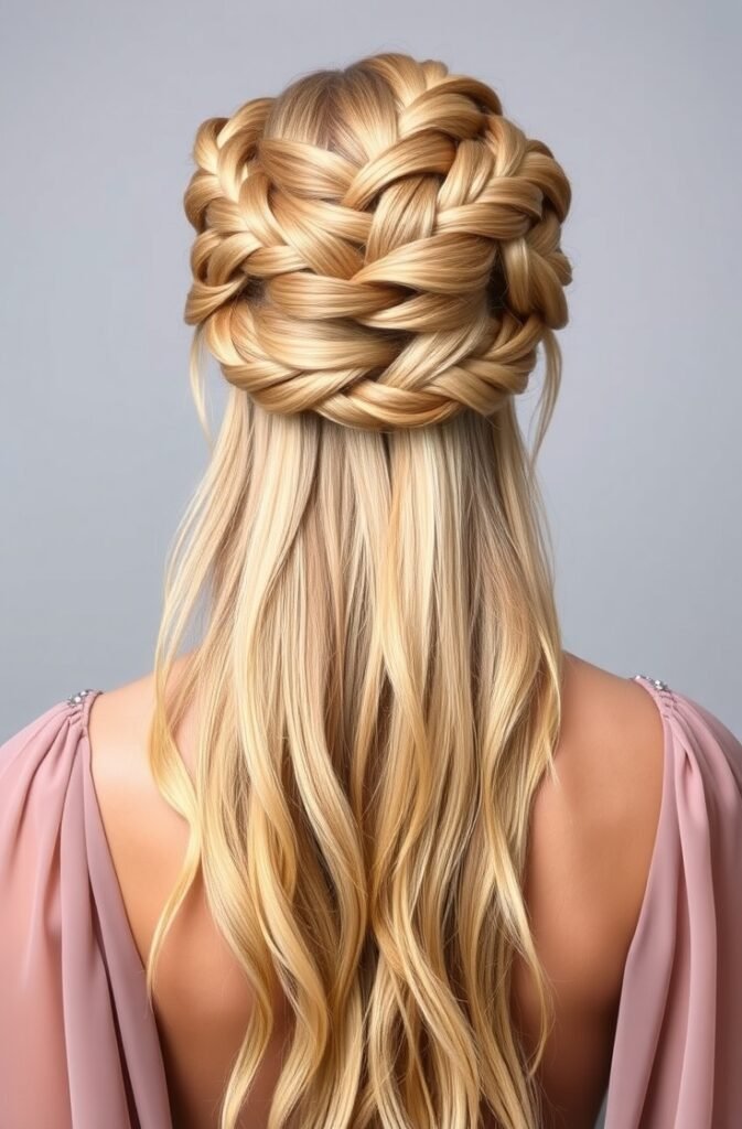 12. Elegant Braided Crown Bun Back View