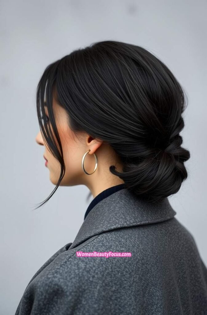 12. Low Loose Bun with Tendrils Framing Face Side View
