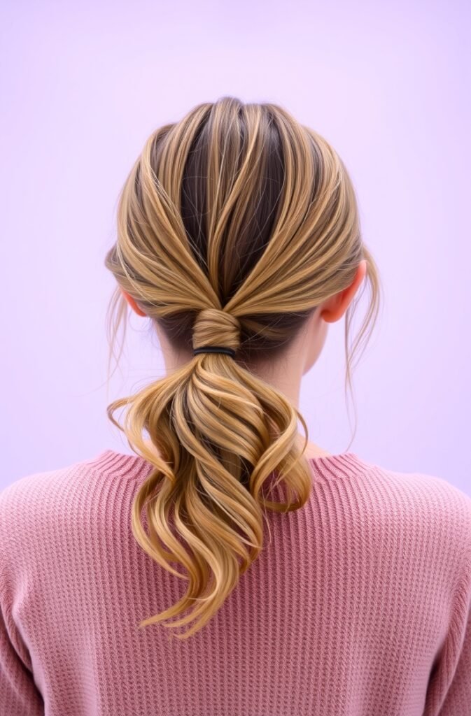 12. Messy Low Ponytail with Subtle Waves Back View