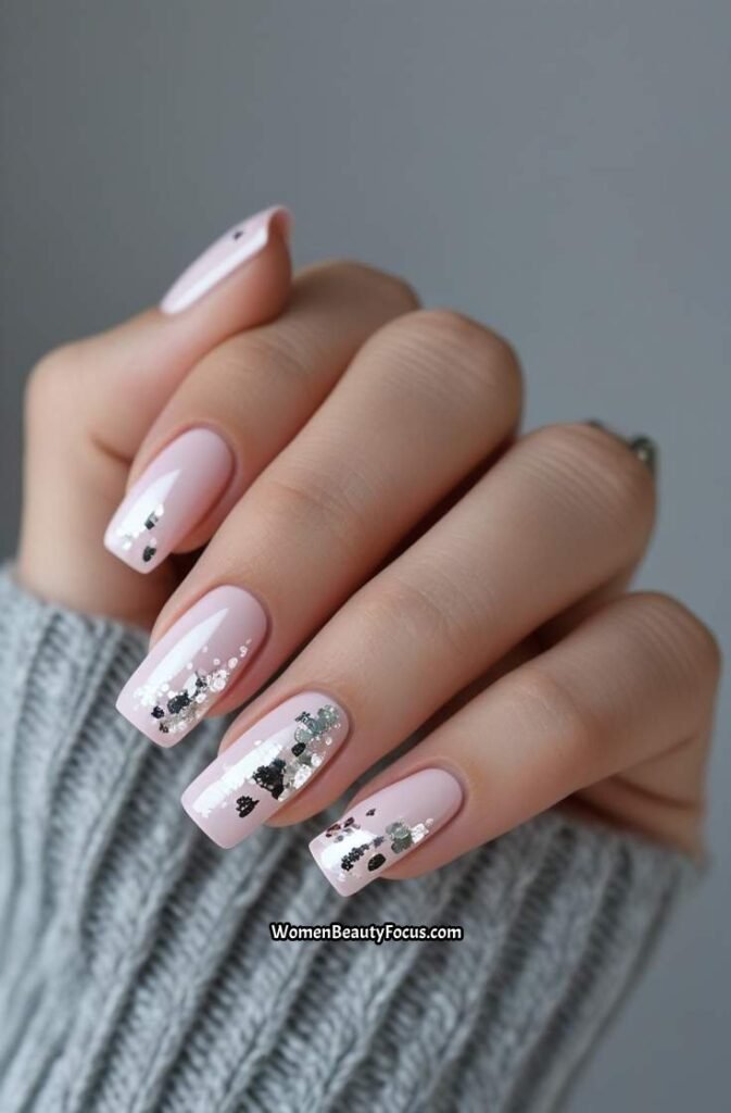 12. Pale Pink Nails with Silver Foil