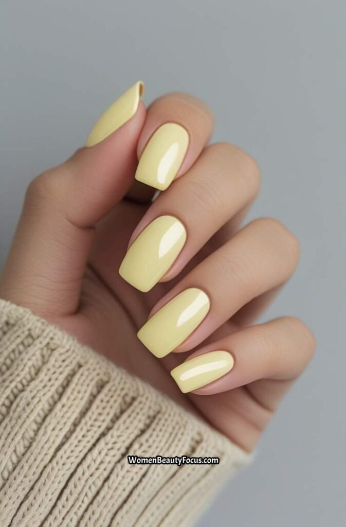 12. Pale Yellow Short Square Nails
