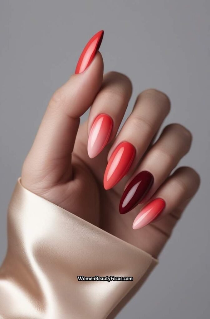 12. Red Gradient Ombre Almond Nails
