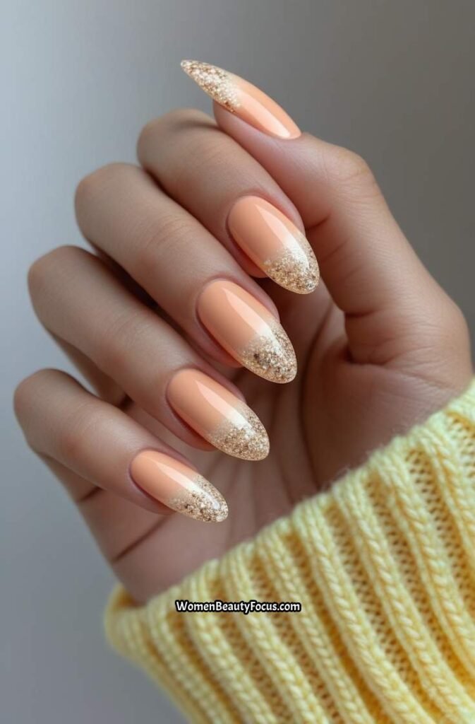 12. Soft Peach Almond Nails with Glitter Ombre
