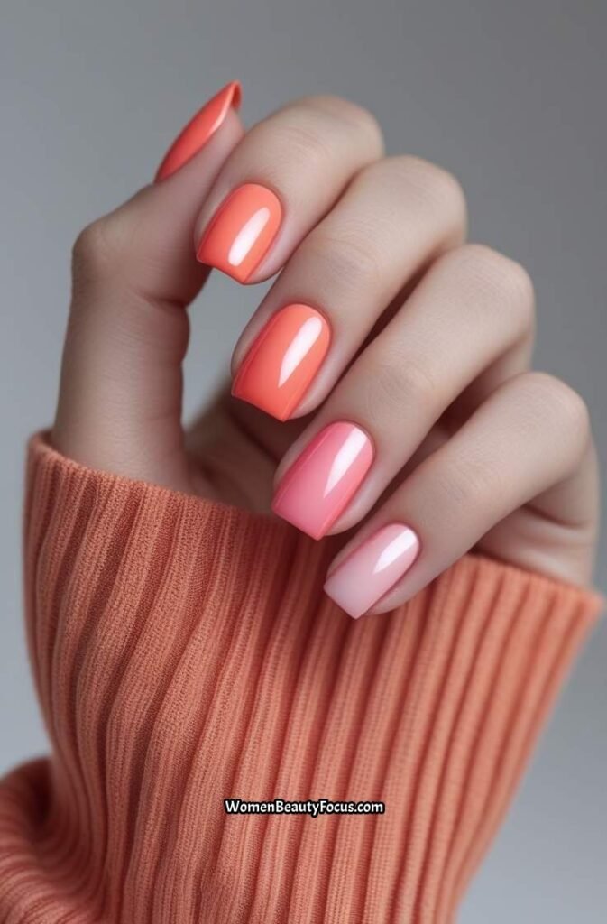 12. Sunset Ombre Square Nails with Coral to Pink Fade
