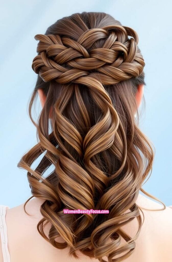 12. Wavy Ponytail with a Braided Crown Back View