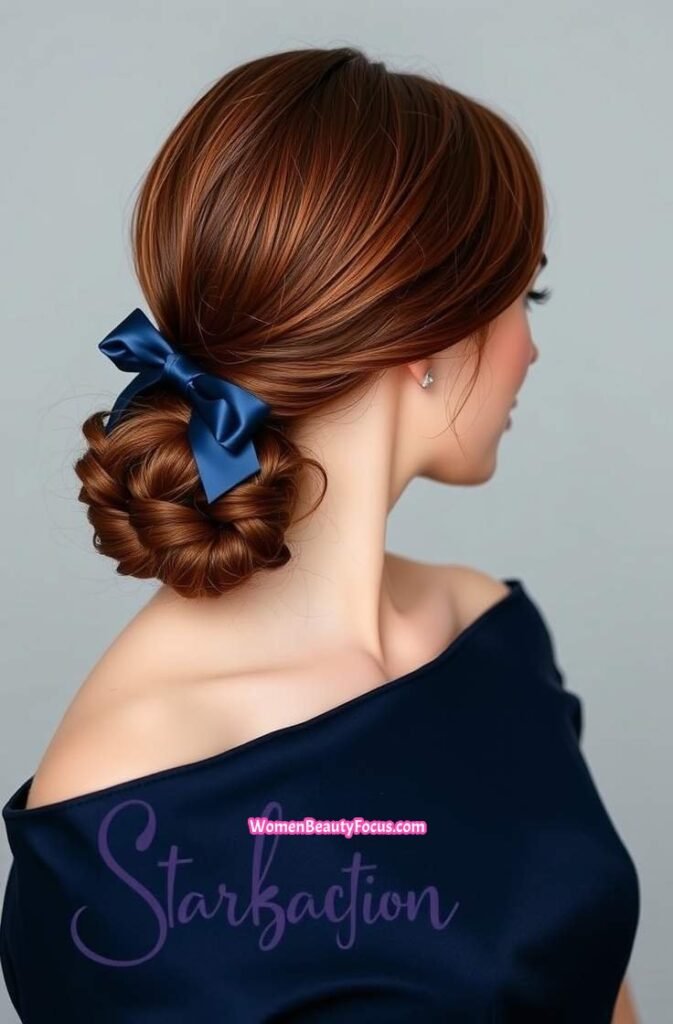 13. Classic Low Ponytail with a Satin Bow Front View