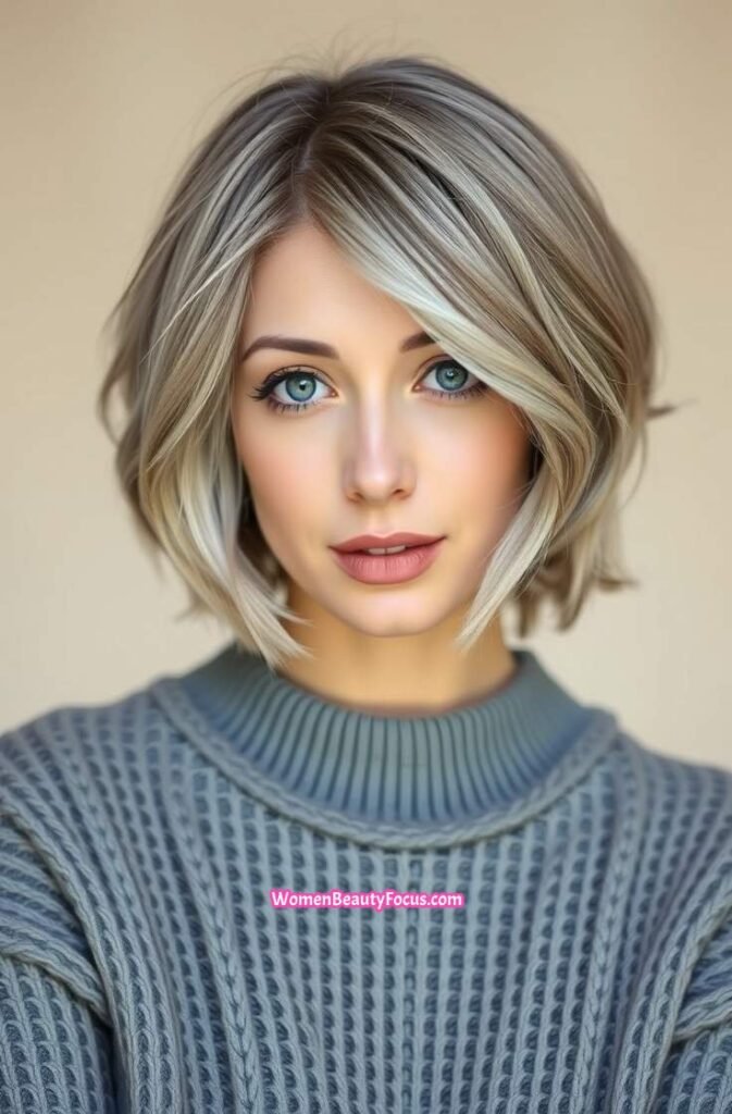13. Grey Bob with Loose Beachy Waves FrontStraight View