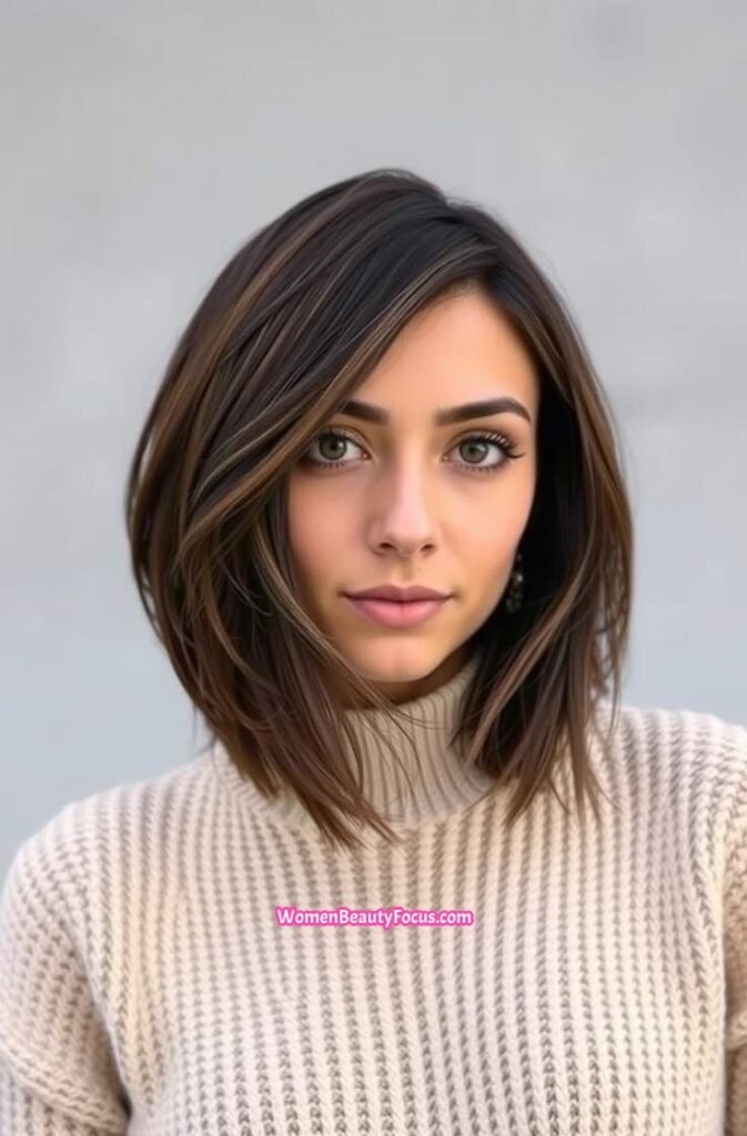 13. Layered Bob with Side Swept Bangs Front View