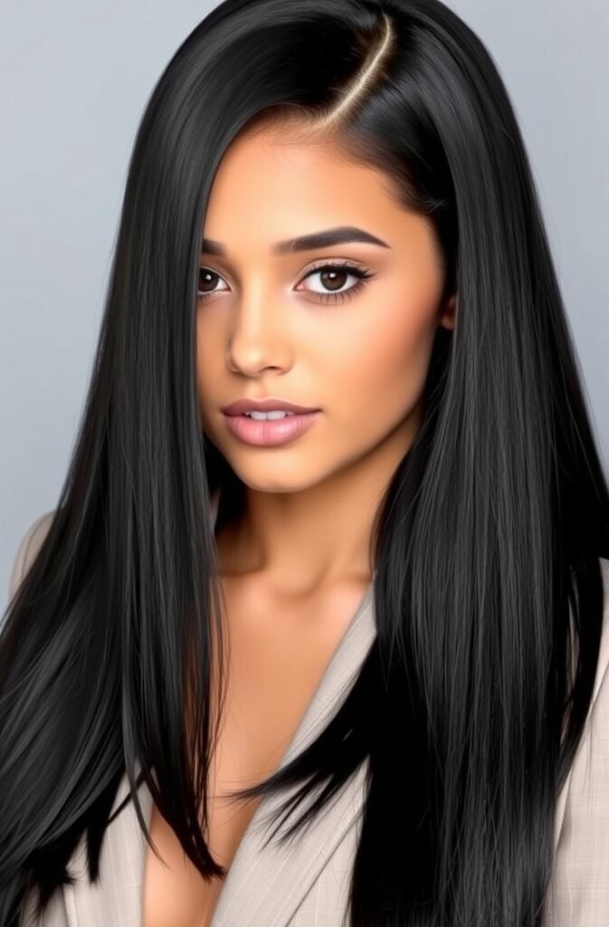 13. Long Straight Hair with a Deep Side Part Front View