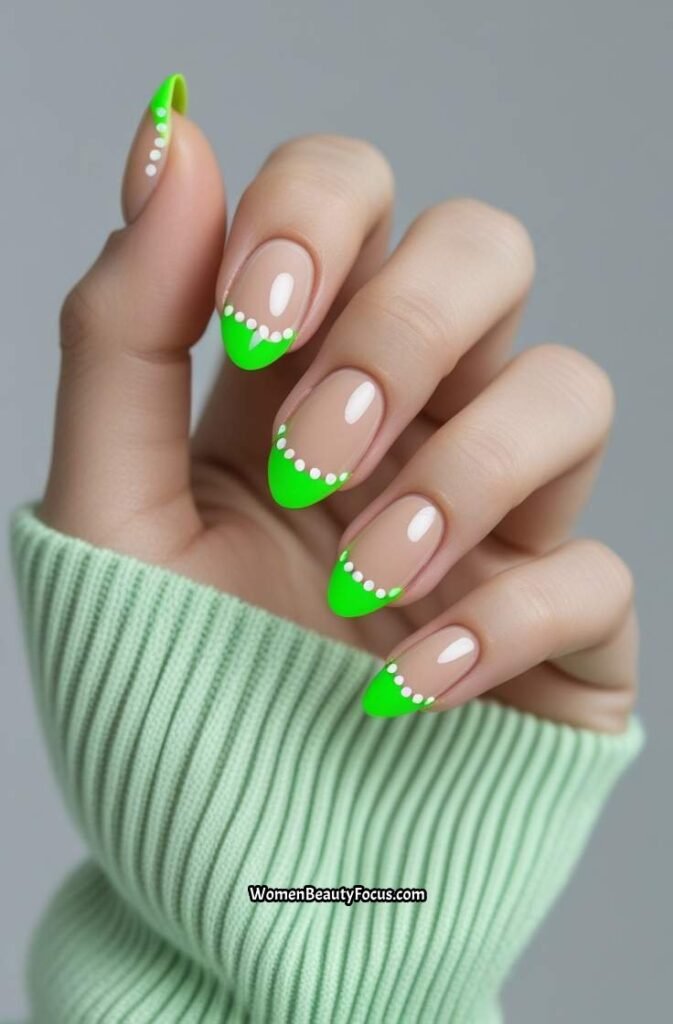 13. Neon Green French Tips with Dotted Detail